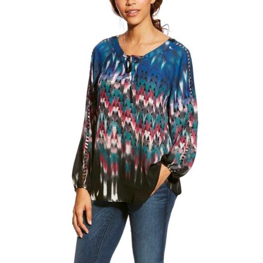 Ariat Norrie Tunic Top Women's Size Medium / M  Lace up Front Blue Pink